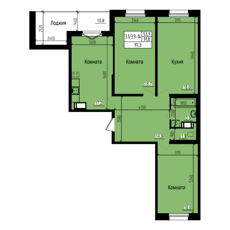 3-комнатная квартира, 97.3 м² - планировка, фото №1