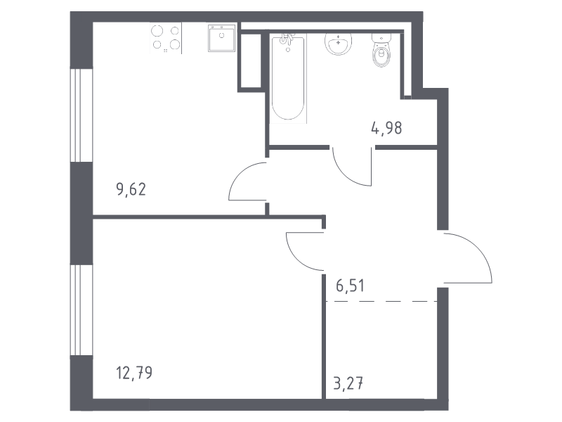 1-комнатная квартира, 37.17 м² - планировка, фото №1