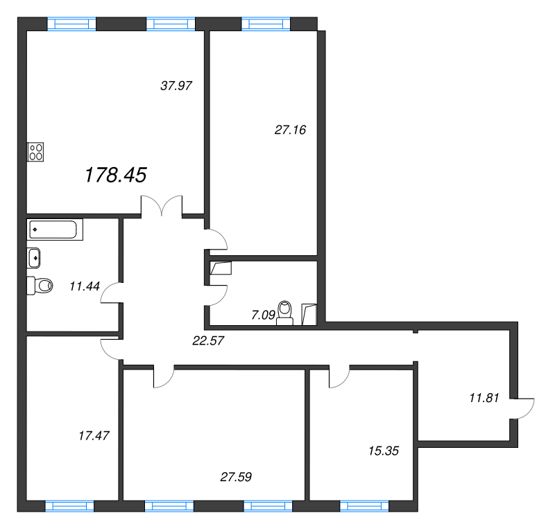 5-комнатная (Евро) квартира, 178.8 м² - планировка, фото №1