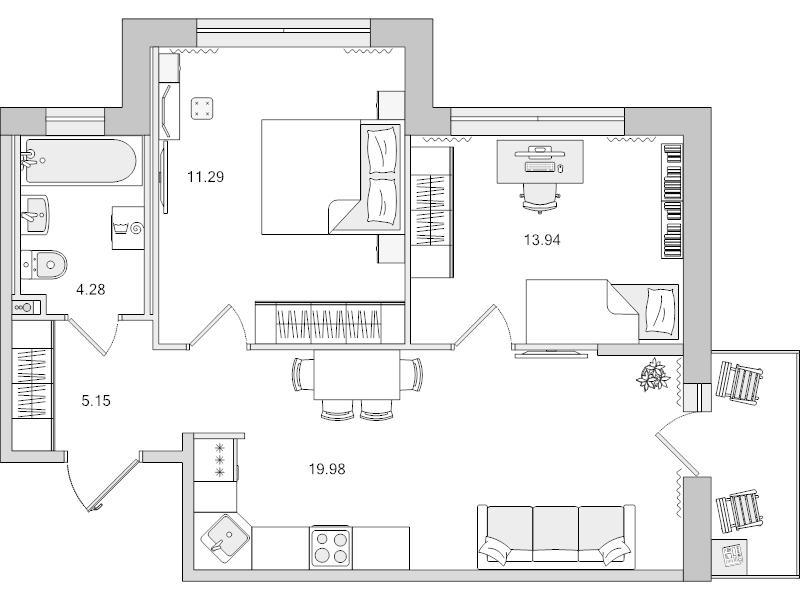 3-комнатная (Евро) квартира, 54.64 м² - планировка, фото №1