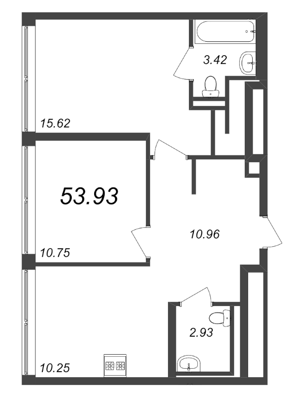 2-комнатная квартира, 53.93 м² - планировка, фото №1