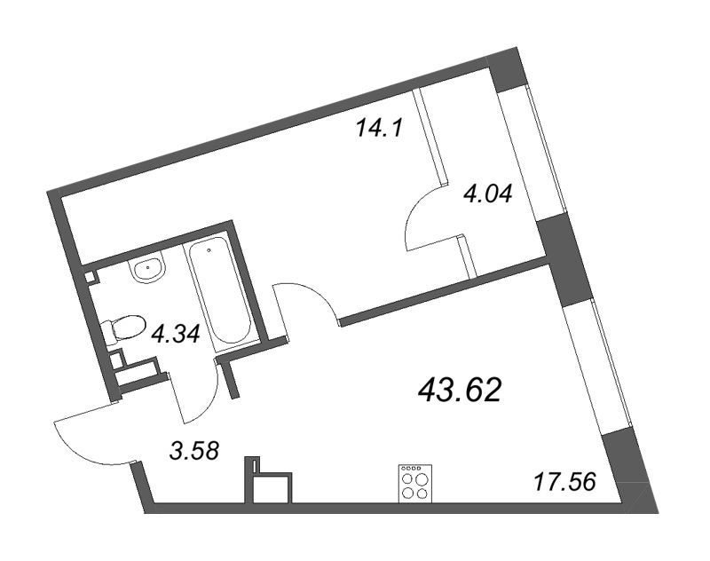 2-комнатная (Евро) квартира, 43.62 м² - планировка, фото №1