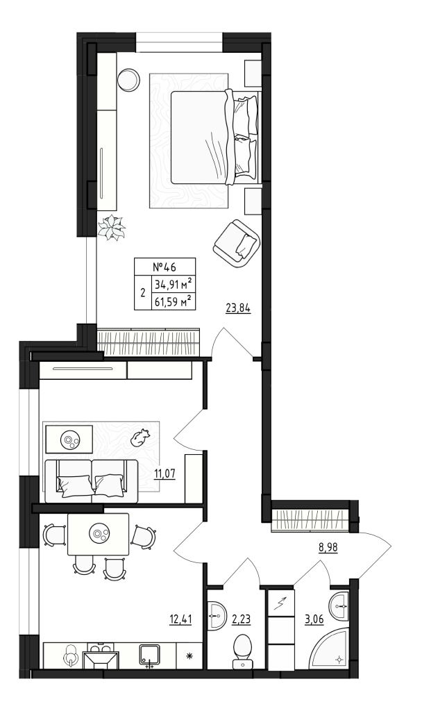 2-комнатная квартира, 61.59 м² в ЖК "Верево Сити" - планировка, фото №1