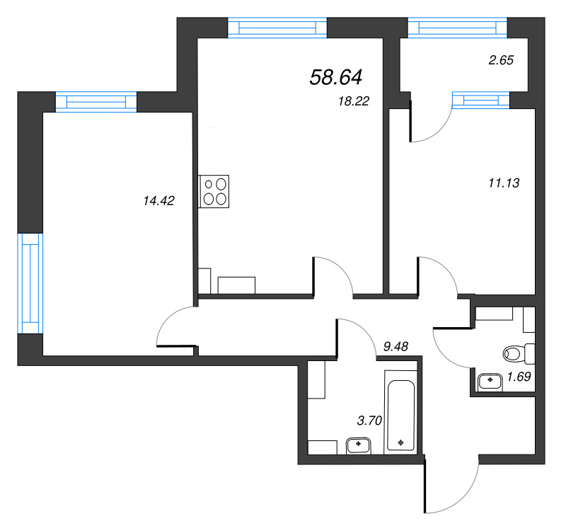 3-комнатная (Евро) квартира, 58.64 м² - планировка, фото №1