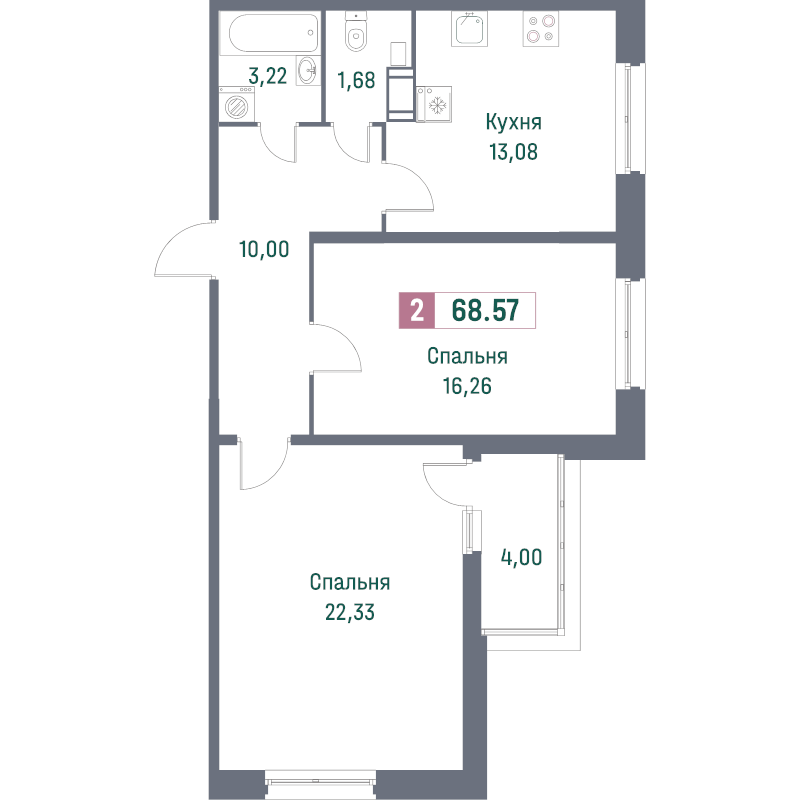2-комнатная квартира, 68.57 м² в ЖК "Фотограф" - планировка, фото №1