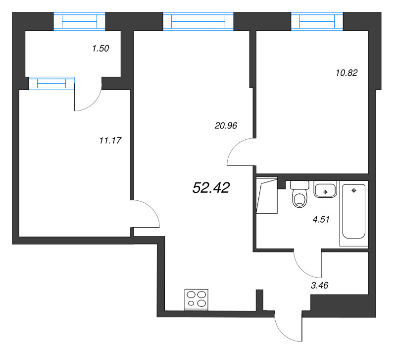 3-комнатная (Евро) квартира, 52.42 м² в ЖК "ORO by Akvilon" - планировка, фото №1