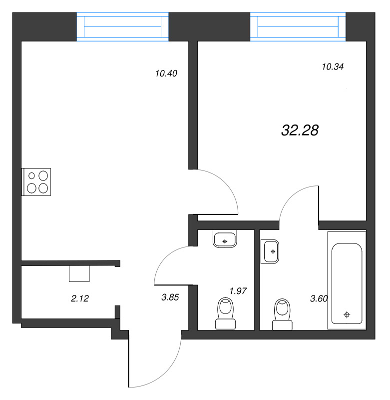 2-комнатная (Евро) квартира, 32.28 м² в ЖК "Alpen" - планировка, фото №1