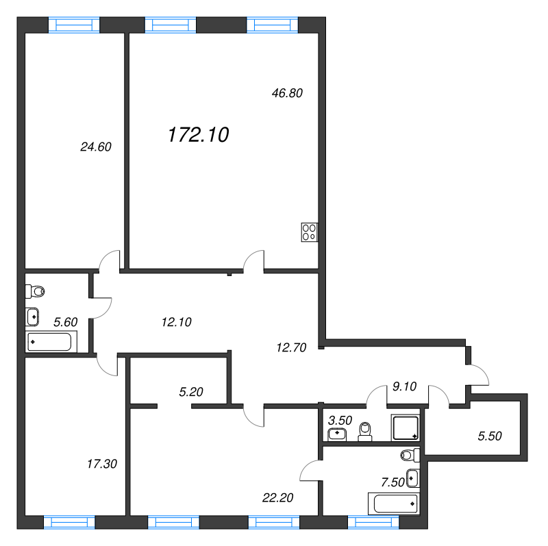 3-комнатная (Евро) квартира, 172.2 м² - планировка, фото №1