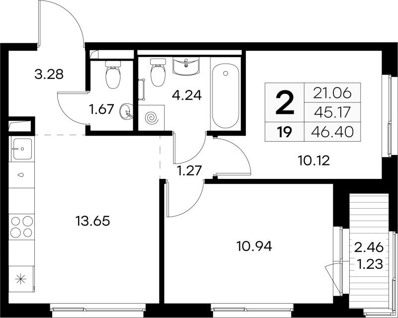 2-комнатная квартира, 46.4 м² - планировка, фото №1