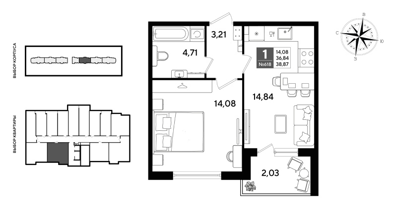1-комнатная квартира, 38.87 м² в ЖК "Догма Юкки" - планировка, фото №1