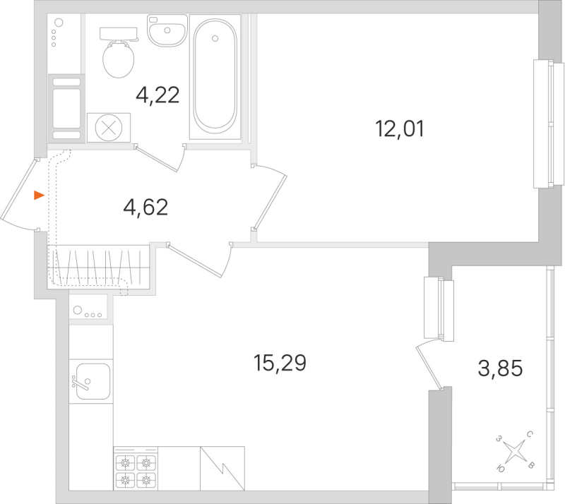 2-комнатная (Евро) квартира, 36.14 м² в ЖК "Ясно.Янино" - планировка, фото №1