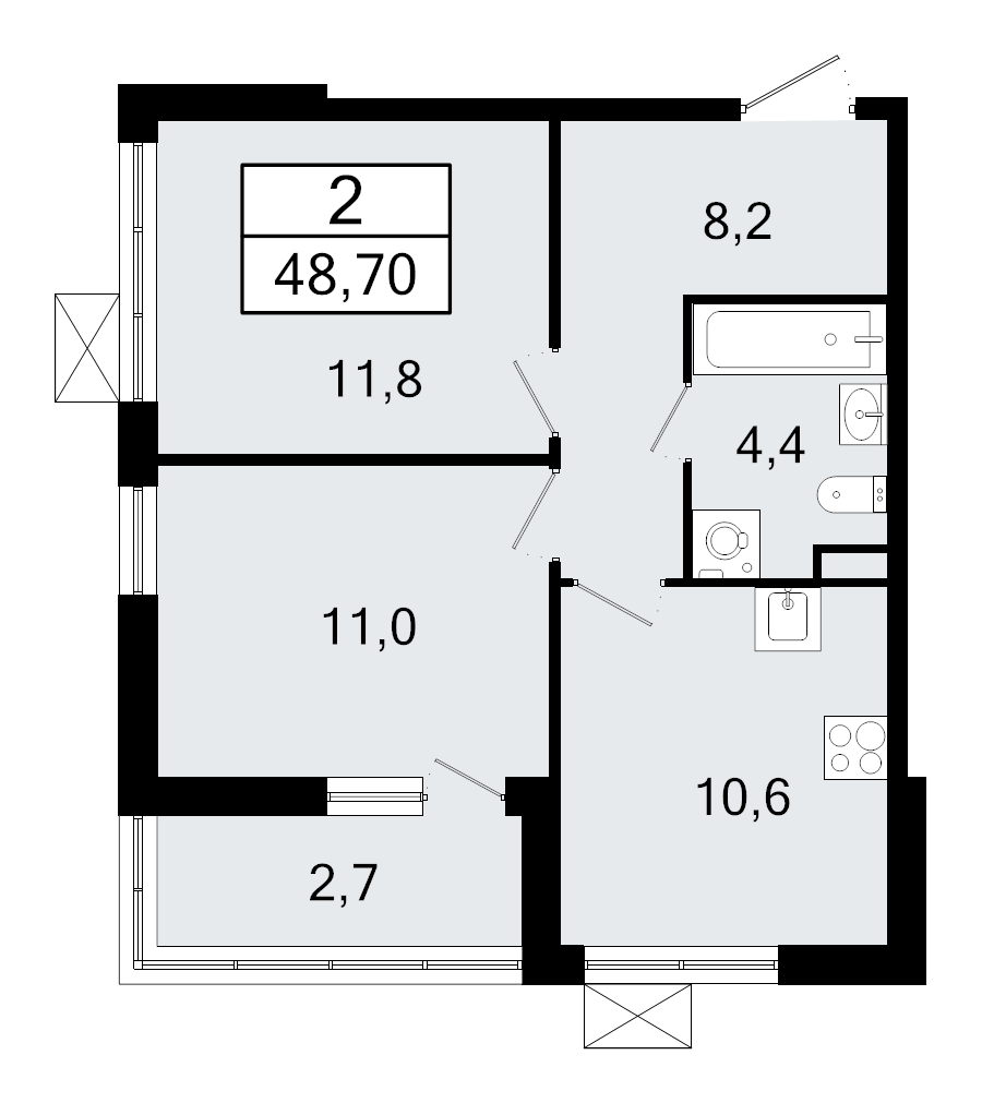 2-комнатная квартира, 48.7 м² - планировка, фото №1