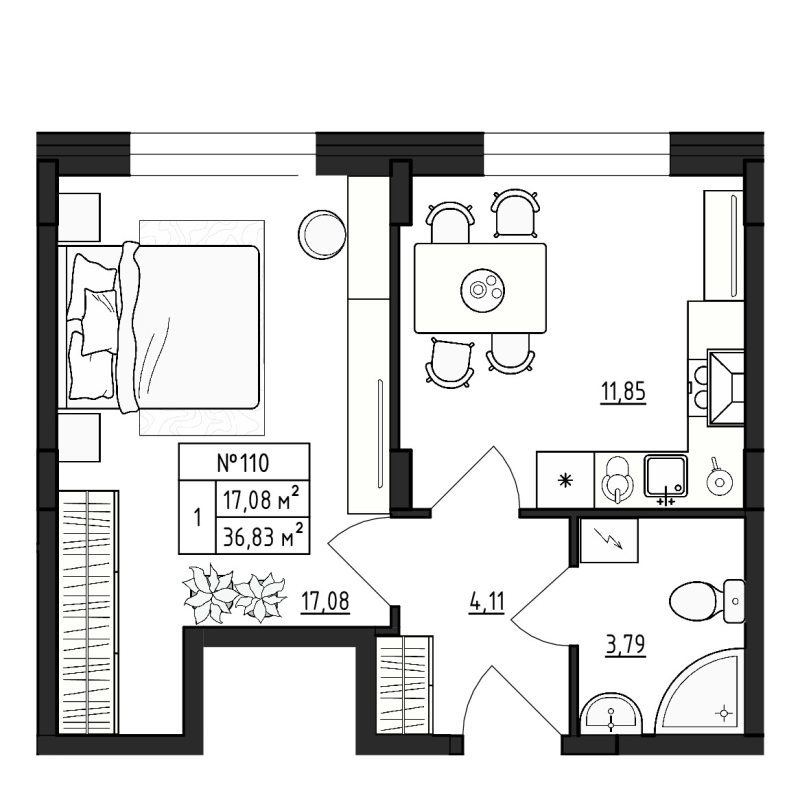 1-комнатная квартира, 36.83 м² - планировка, фото №1