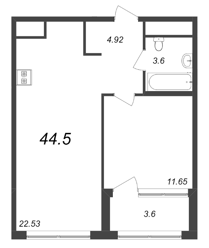 2-комнатная (Евро) квартира, 44.5 м² - планировка, фото №1