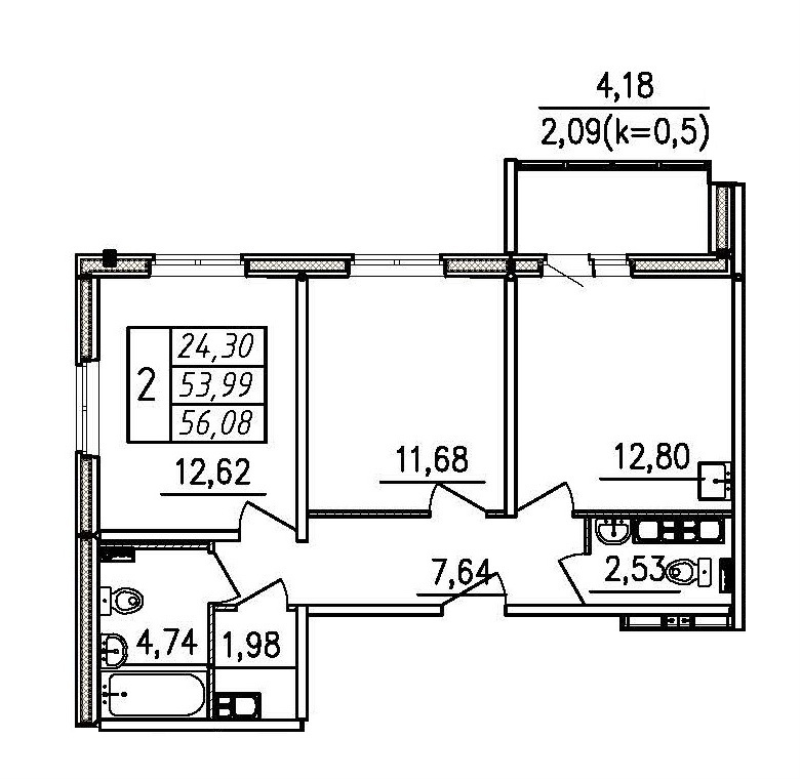 2-комнатная квартира, 56.08 м² в ЖК "Меридиан Шушары" - планировка, фото №1