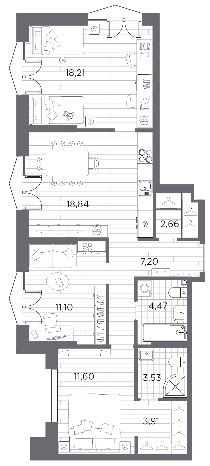 4-комнатная (Евро) квартира, 81.52 м² в ЖК "Галерная гавань" - планировка, фото №1