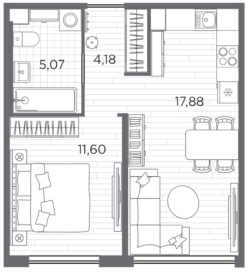 2-комнатная (Евро) квартира, 38.73 м² в ЖК "PLUS Пулковский" - планировка, фото №1