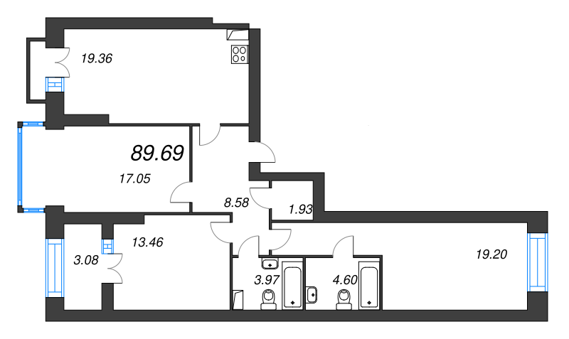3-комнатная квартира, 89.69 м² - планировка, фото №1