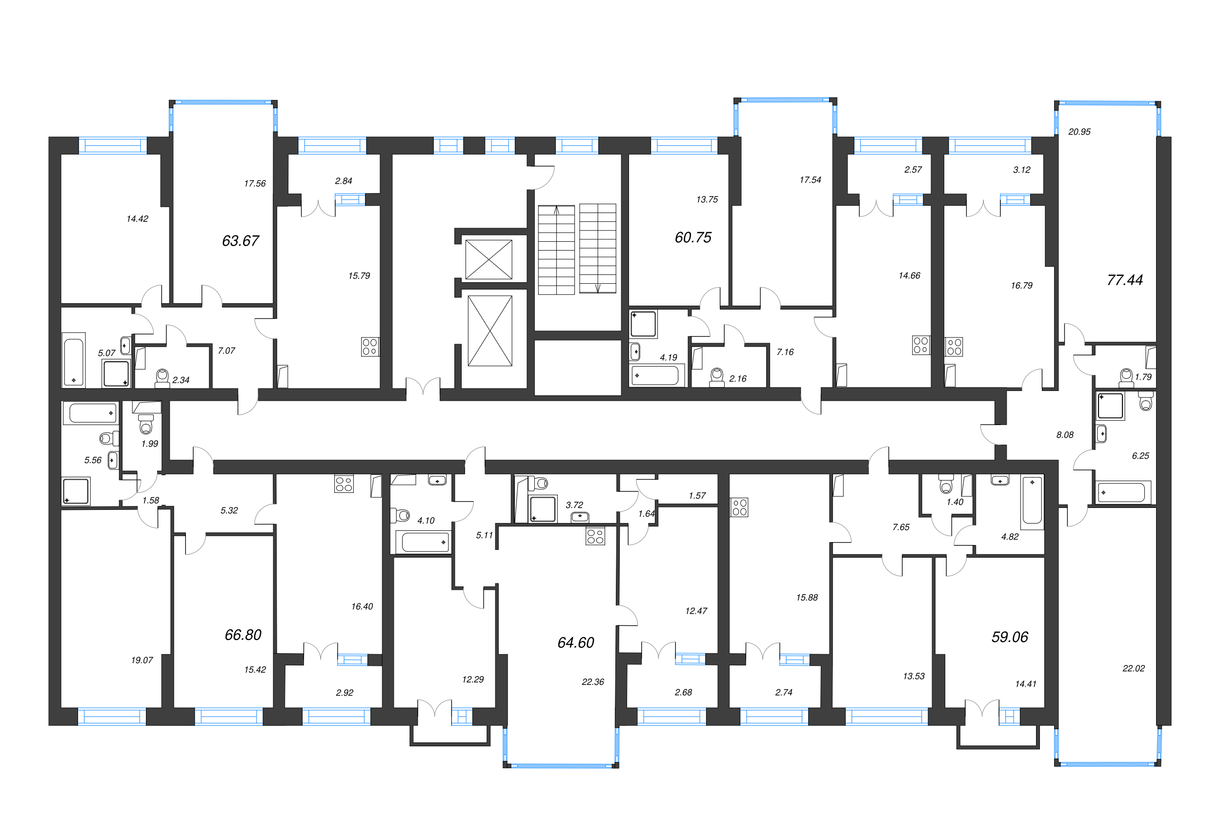 2-комнатная квартира, 60.75 м² - планировка этажа