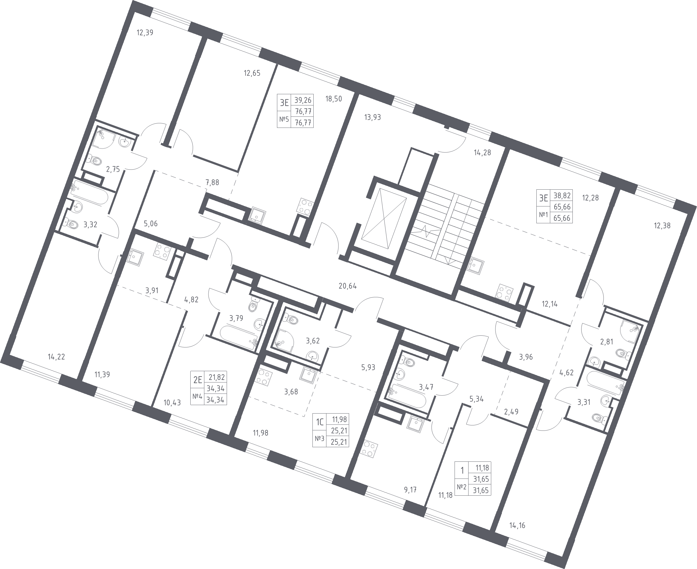 3-комнатная (Евро) квартира, 65.66 м² - планировка этажа