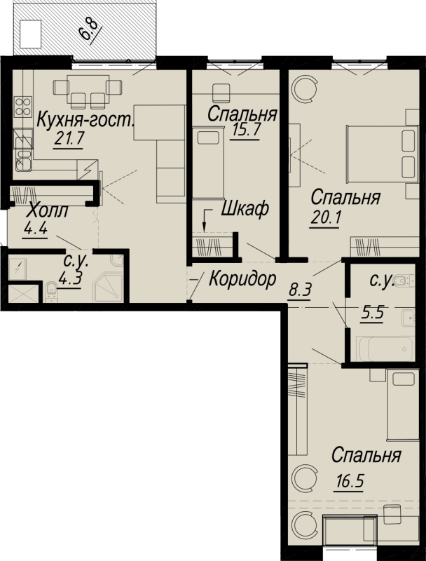 4-комнатная (Евро) квартира, 99 м² - планировка, фото №1