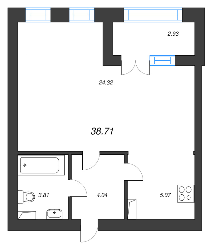 1-комнатная квартира, 38.71 м² - планировка, фото №1