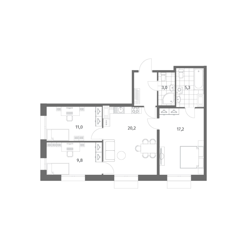 4-комнатная (Евро) квартира, 70.7 м² в ЖК "Парусная 1" - планировка, фото №1