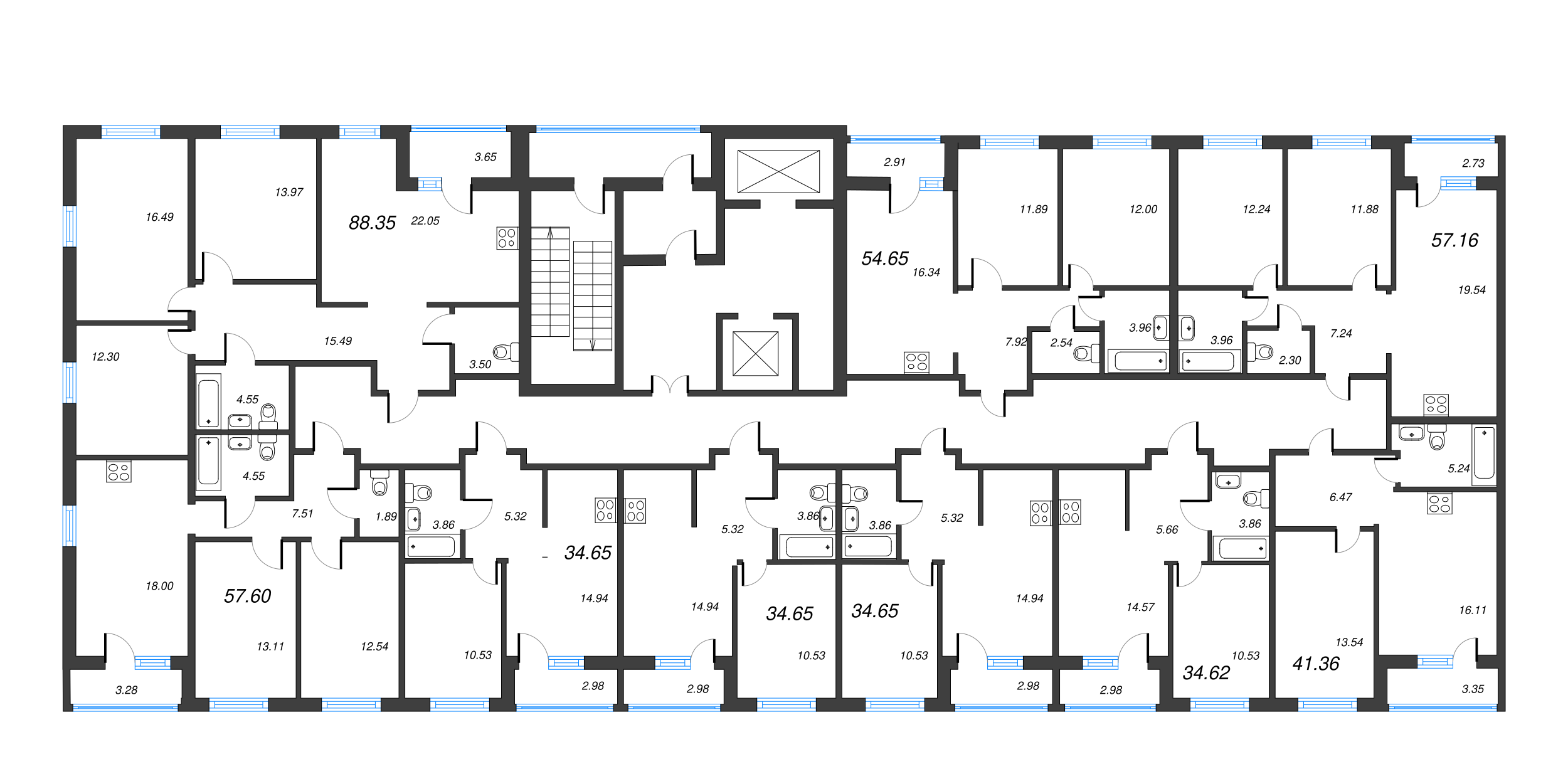 3-комнатная (Евро) квартира, 54.65 м² - планировка этажа