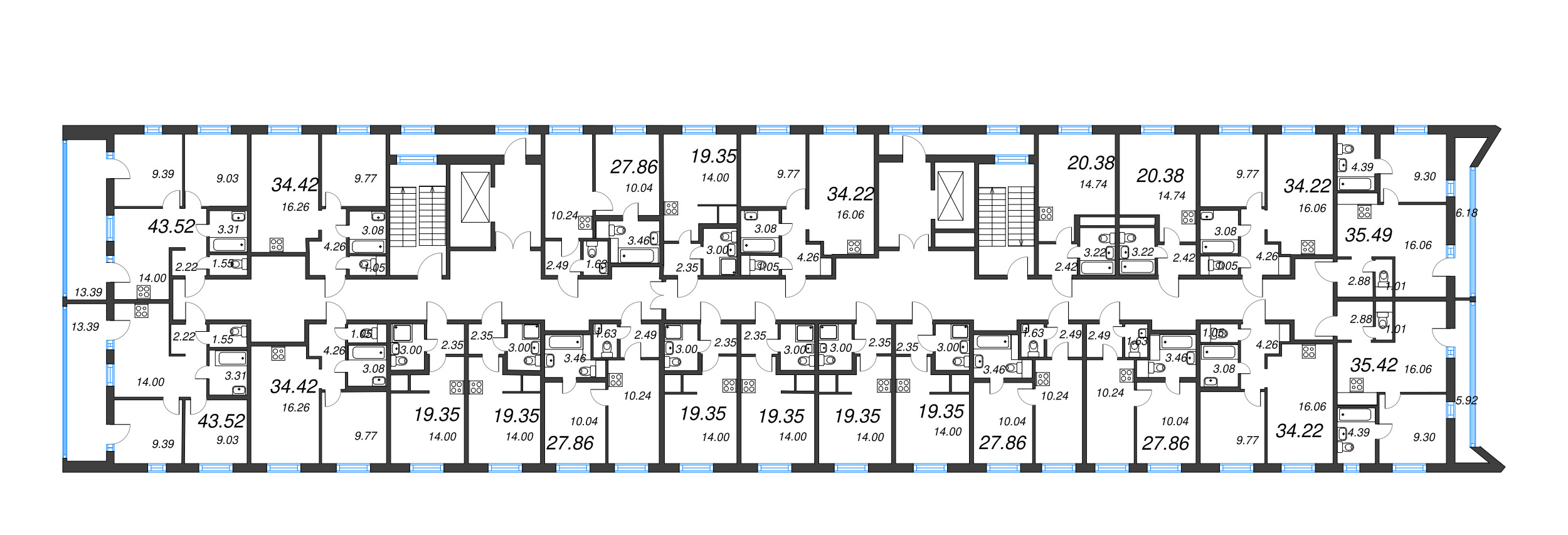 2-комнатная (Евро) квартира, 34.22 м² - планировка этажа