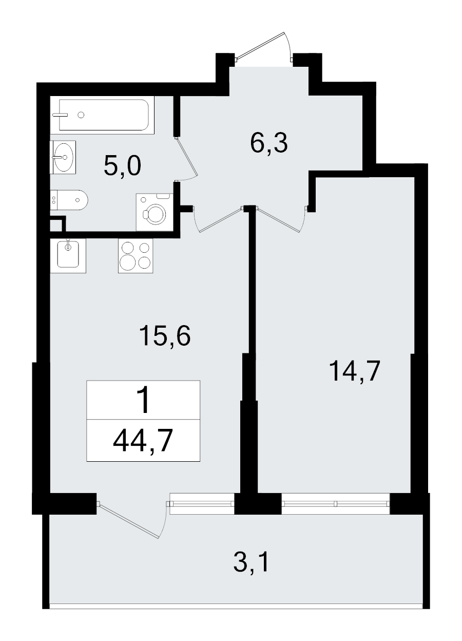 2-комнатная (Евро) квартира, 44.7 м² в ЖК "А101 Всеволожск" - планировка, фото №1