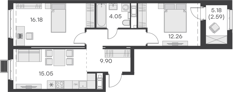 3-комнатная (Евро) квартира, 60.03 м² - планировка, фото №1