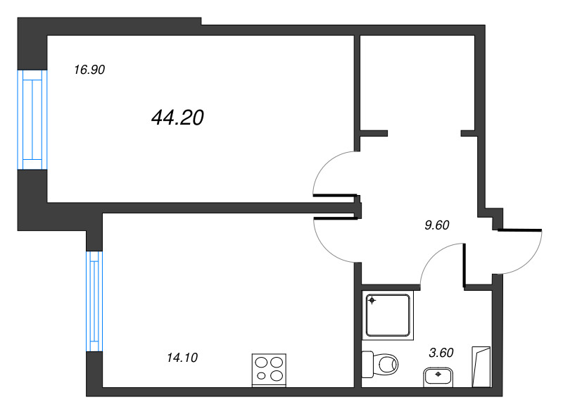 1-комнатная квартира, 44.2 м² - планировка, фото №1