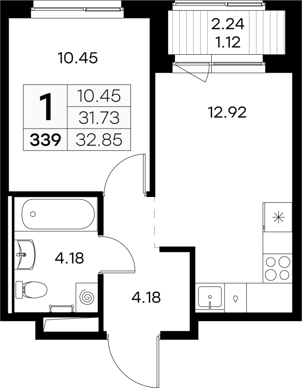 1-комнатная квартира, 32.85 м² - планировка, фото №1