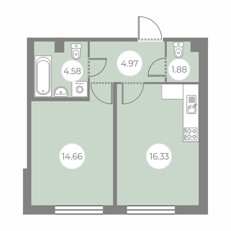2-комнатная (Евро) квартира, 42.42 м² - планировка, фото №1
