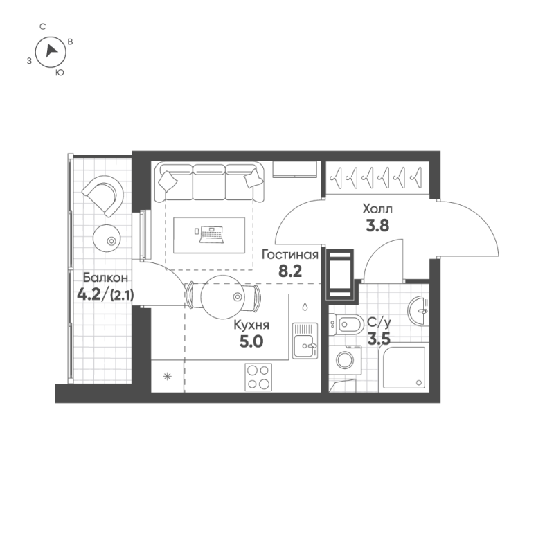 Квартира-студия, 22.6 м² в ЖК "Клюква.Парк" - планировка, фото №1