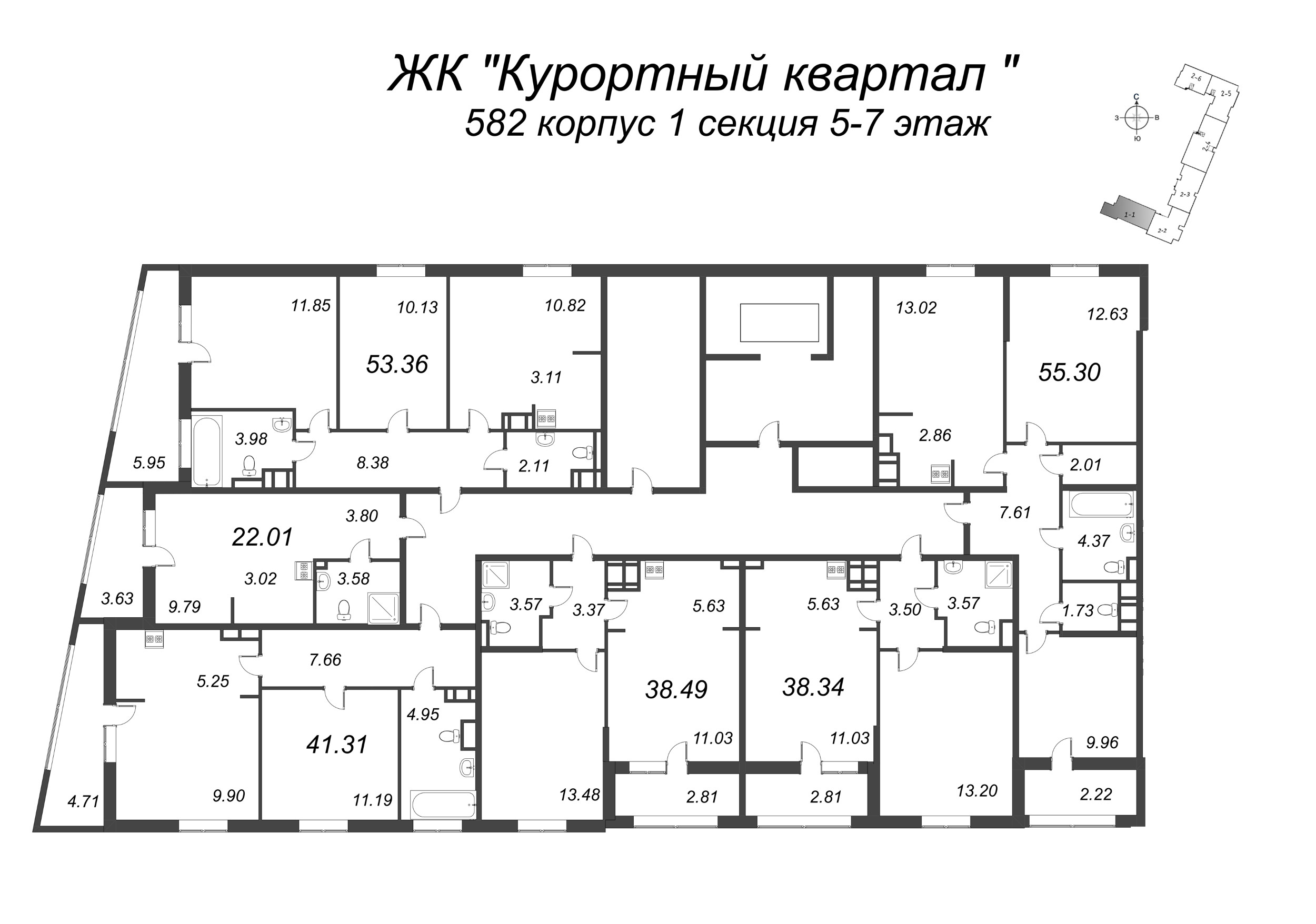 2-комнатная квартира, 53.36 м² в ЖК "Курортный Квартал" - планировка этажа