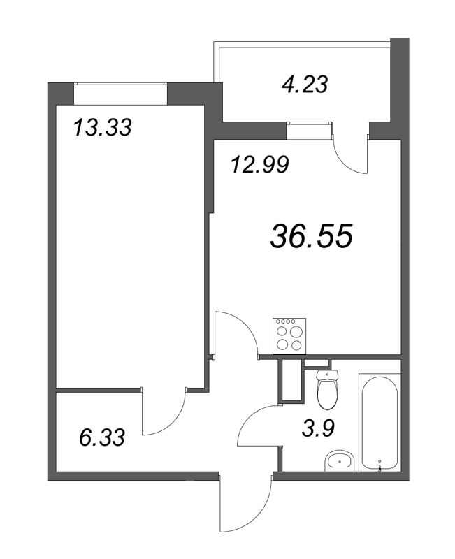 1-комнатная квартира, 36.55 м² в ЖК "Чёрная речка" - планировка, фото №1