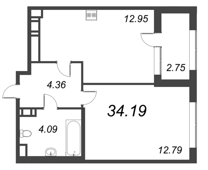 1-комнатная квартира, 34.19 м² - планировка, фото №1