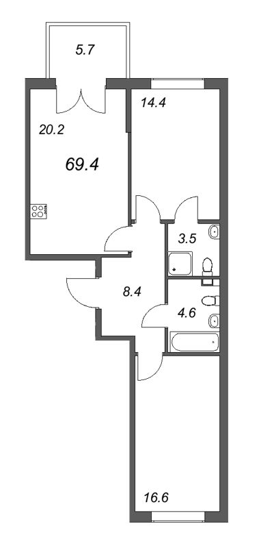3-комнатная (Евро) квартира, 69.4 м² в ЖК "Пулковский дом" - планировка, фото №1