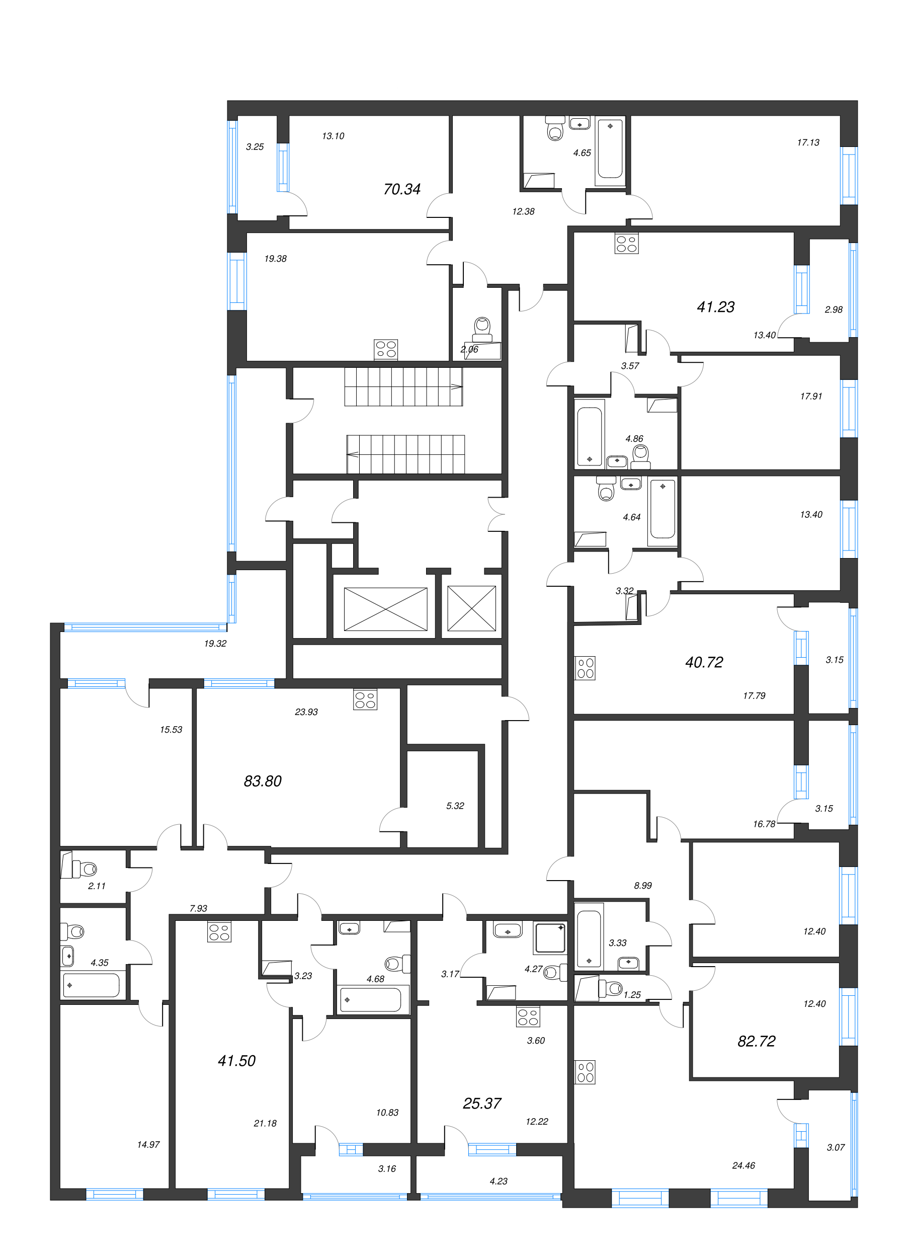 3-комнатная (Евро) квартира, 70.34 м² - планировка этажа