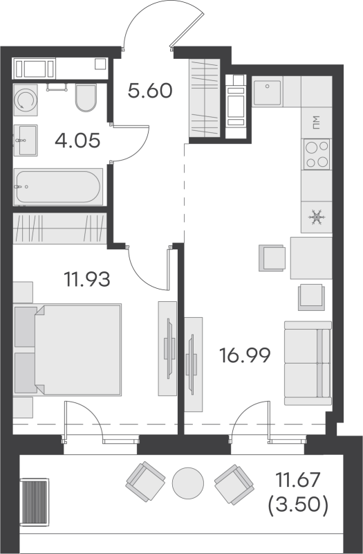 2-комнатная (Евро) квартира, 42.07 м² - планировка, фото №1