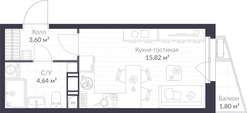 Квартира-студия, 24.6 м² в ЖК "ВЕРЕН НОРТ сертолово" - планировка, фото №1