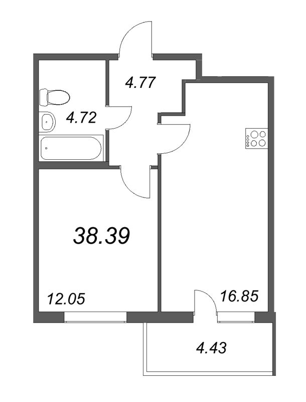 1-комнатная квартира, 38.39 м² - планировка, фото №1
