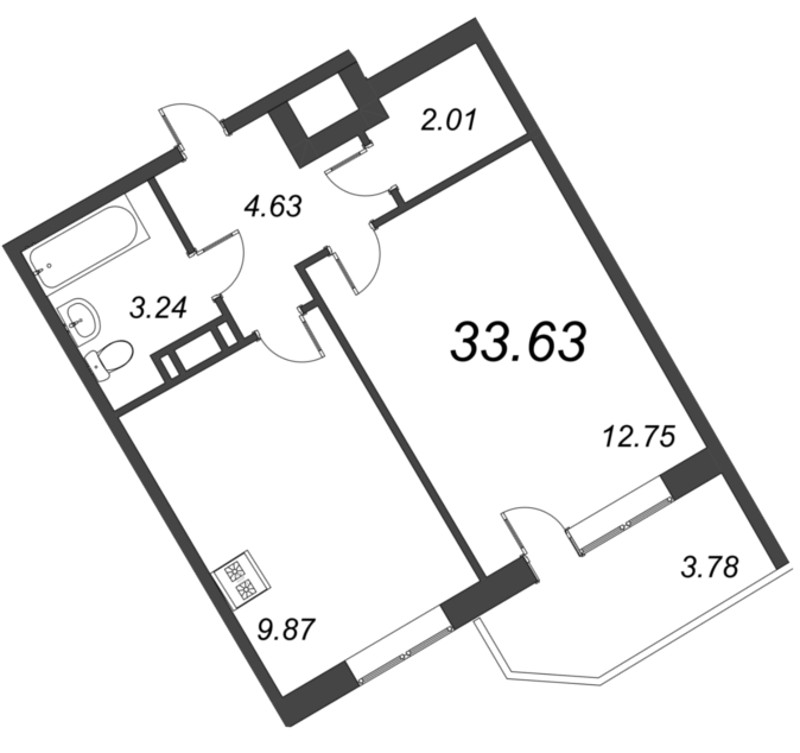 1-комнатная квартира, 33.63 м² в ЖК "Капральский" - планировка, фото №1