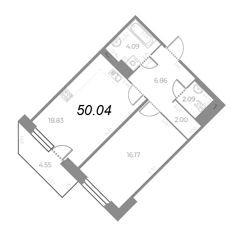 2-комнатная (Евро) квартира, 51.4 м² - планировка, фото №1