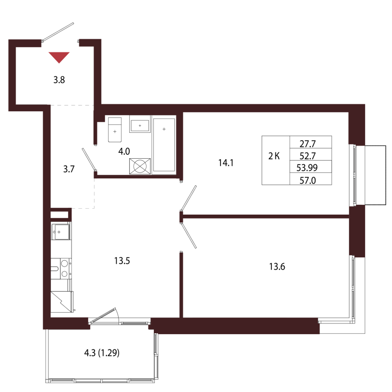 2-комнатная квартира, 53.99 м² - планировка, фото №1
