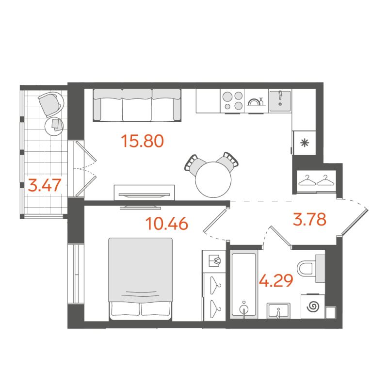 2-комнатная (Евро) квартира, 35.37 м² в ЖК "STAVNI Обводный" - планировка, фото №1