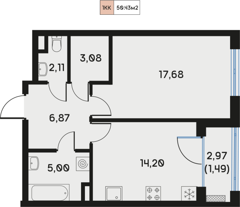 1-комнатная квартира, 50.35 м² - планировка, фото №1