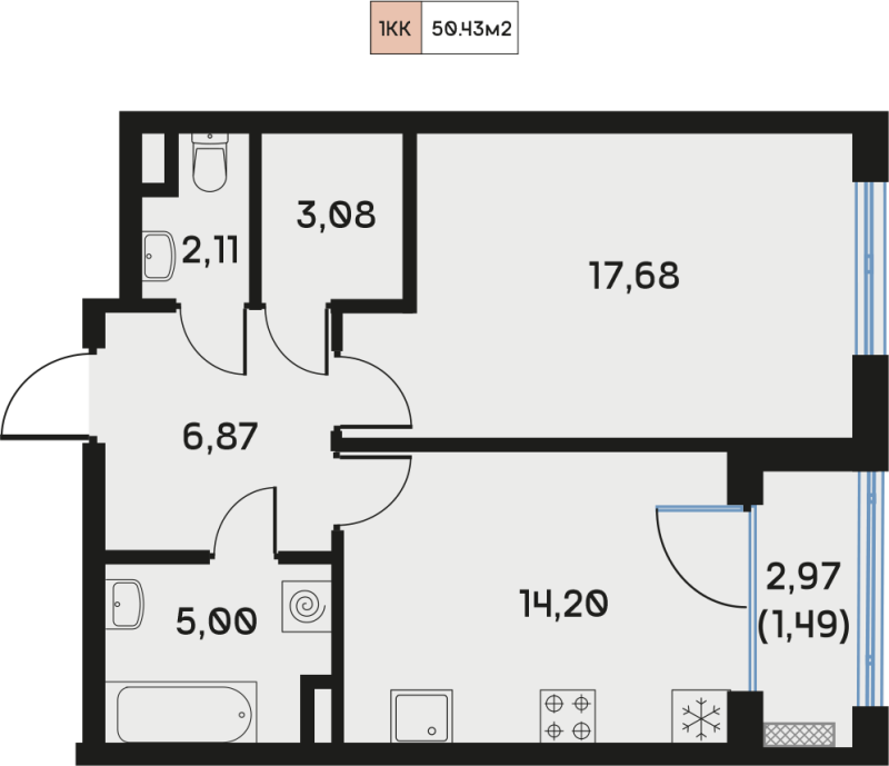 1-комнатная квартира, 50.35 м² в ЖК "Дом Регенбоген" - планировка, фото №1