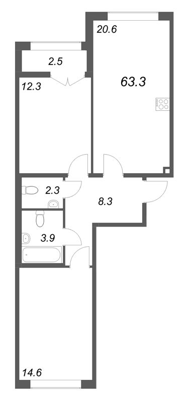 3-комнатная (Евро) квартира, 63.3 м² в ЖК "Кронунг ЮГ" - планировка, фото №1